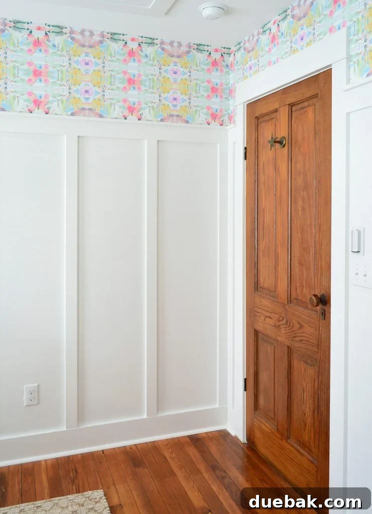 Effortlessly Install Peel and Stick Wallpaper 19 Wood Door In Room With White Board And Batten And Colorful Peel And Stick Wallpaper