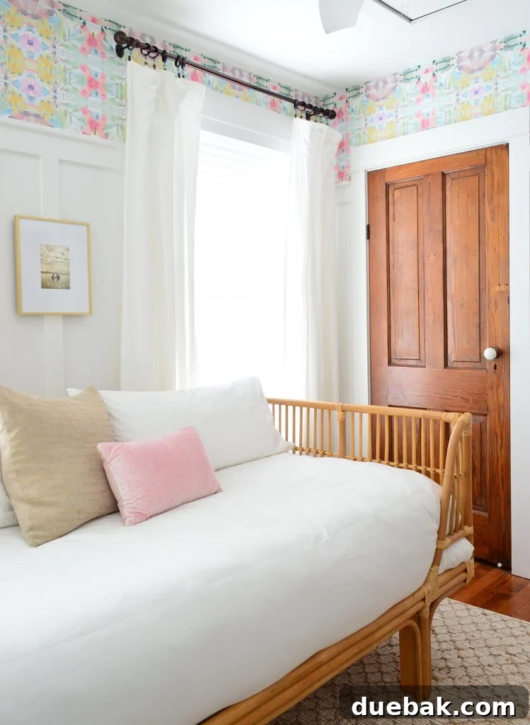 Effortlessly Install Peel and Stick Wallpaper 20 Rattan Daybed With White Bedding In Room With Wood Doors