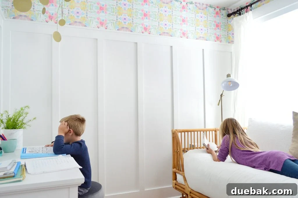 Textural Tides: Wallpaper and Board and Batten in a Beach Bedroom 16 Kids lounging in the newly designed bedroom with board and batten and wallpaper