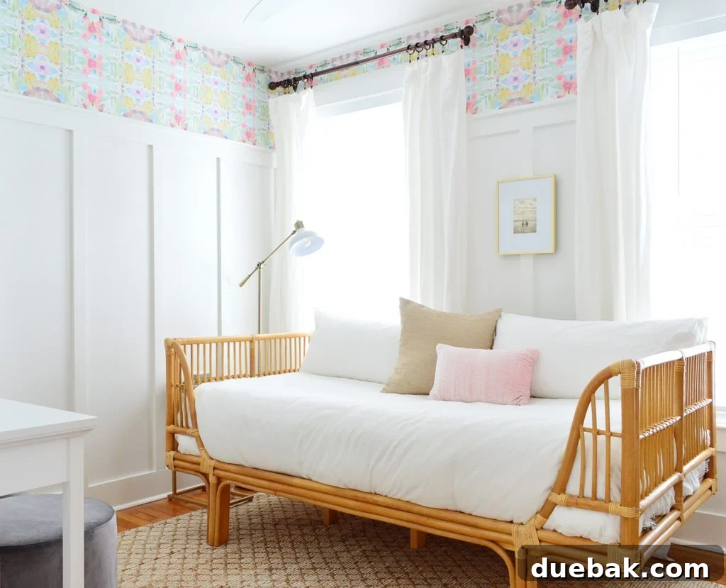 Textural Tides: Wallpaper and Board and Batten in a Beach Bedroom 18 Transformed beachy bedroom with rattan daybed and peel and stick wallpaper
