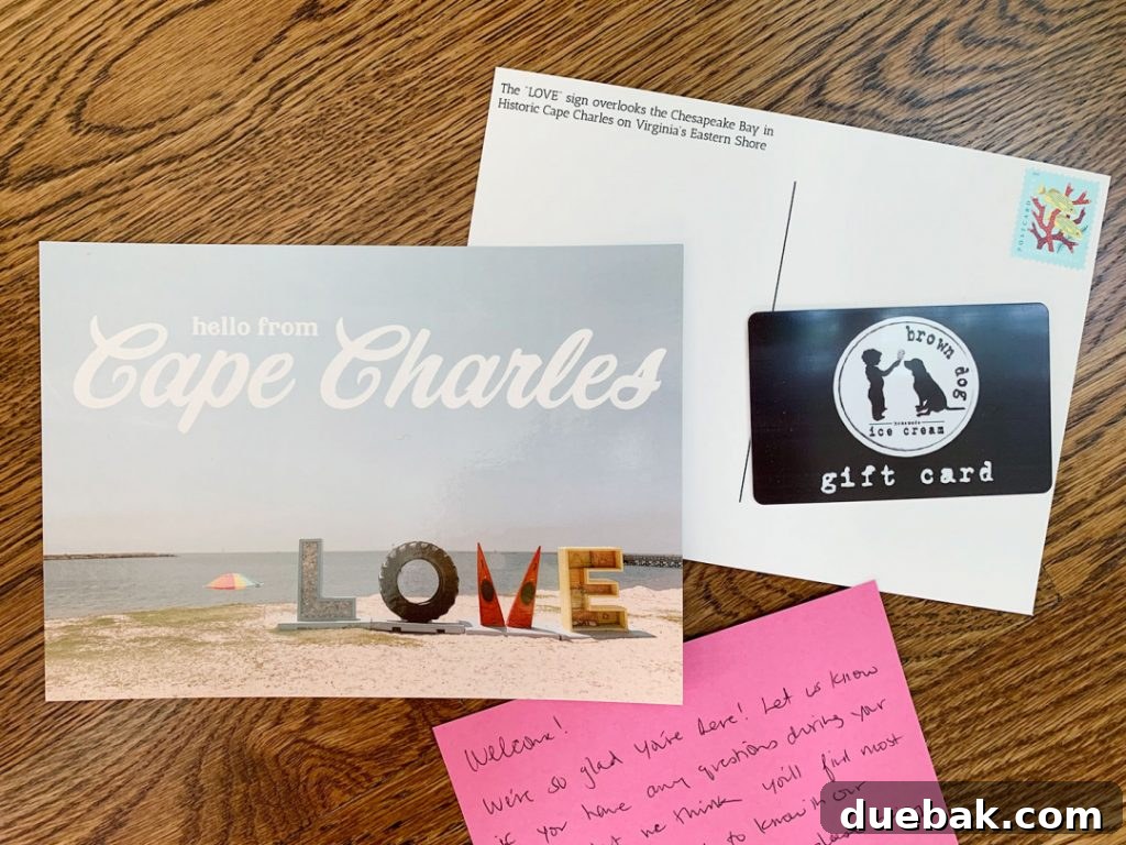 Personalized welcome gift for short-term rental guests, including a handwritten note and local gift card
