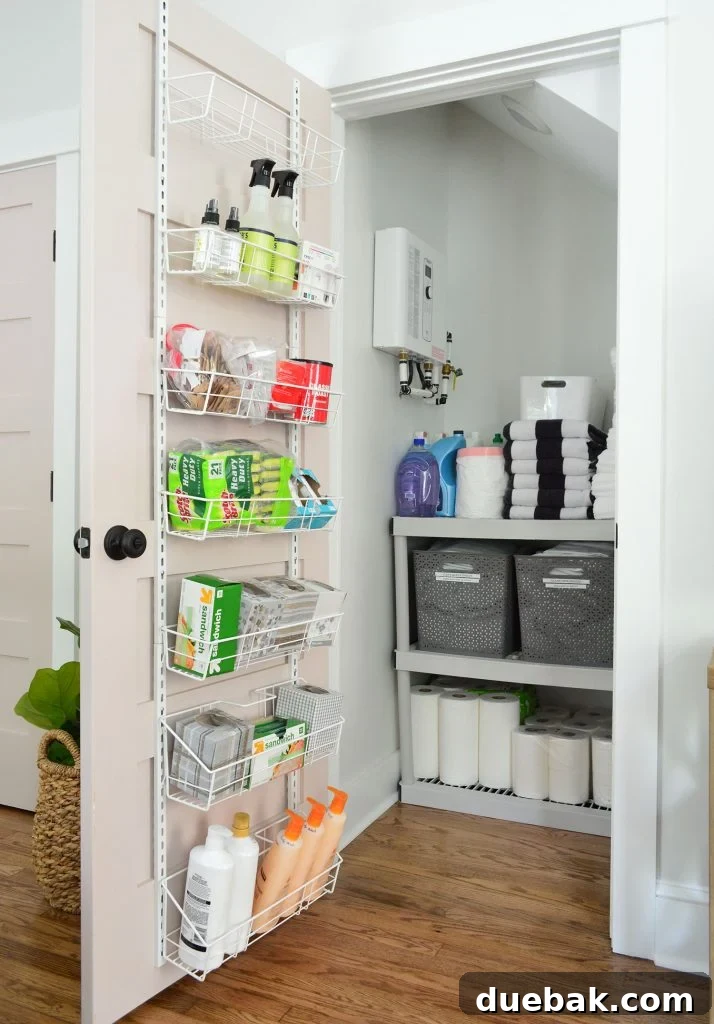 Duplex Owners Closet For Airbnb Rental, neatly organized with supplies and labeled bins