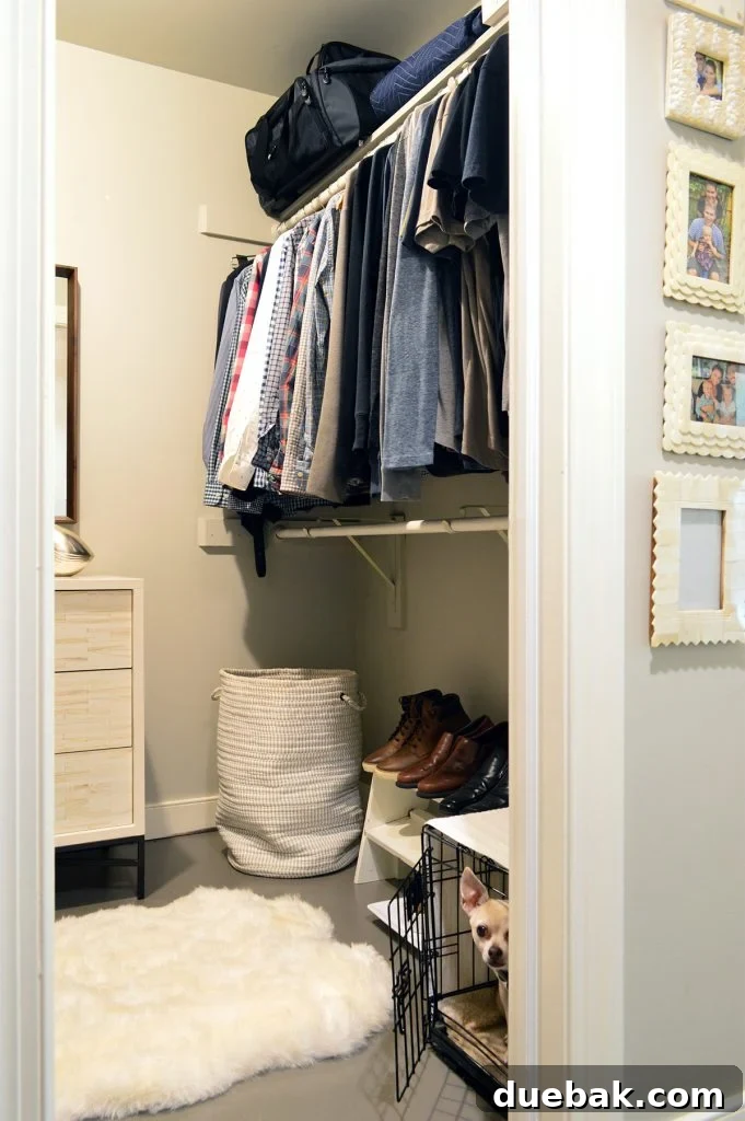 Before photo of John's side of the closet, mirroring Sherry's organized setup.