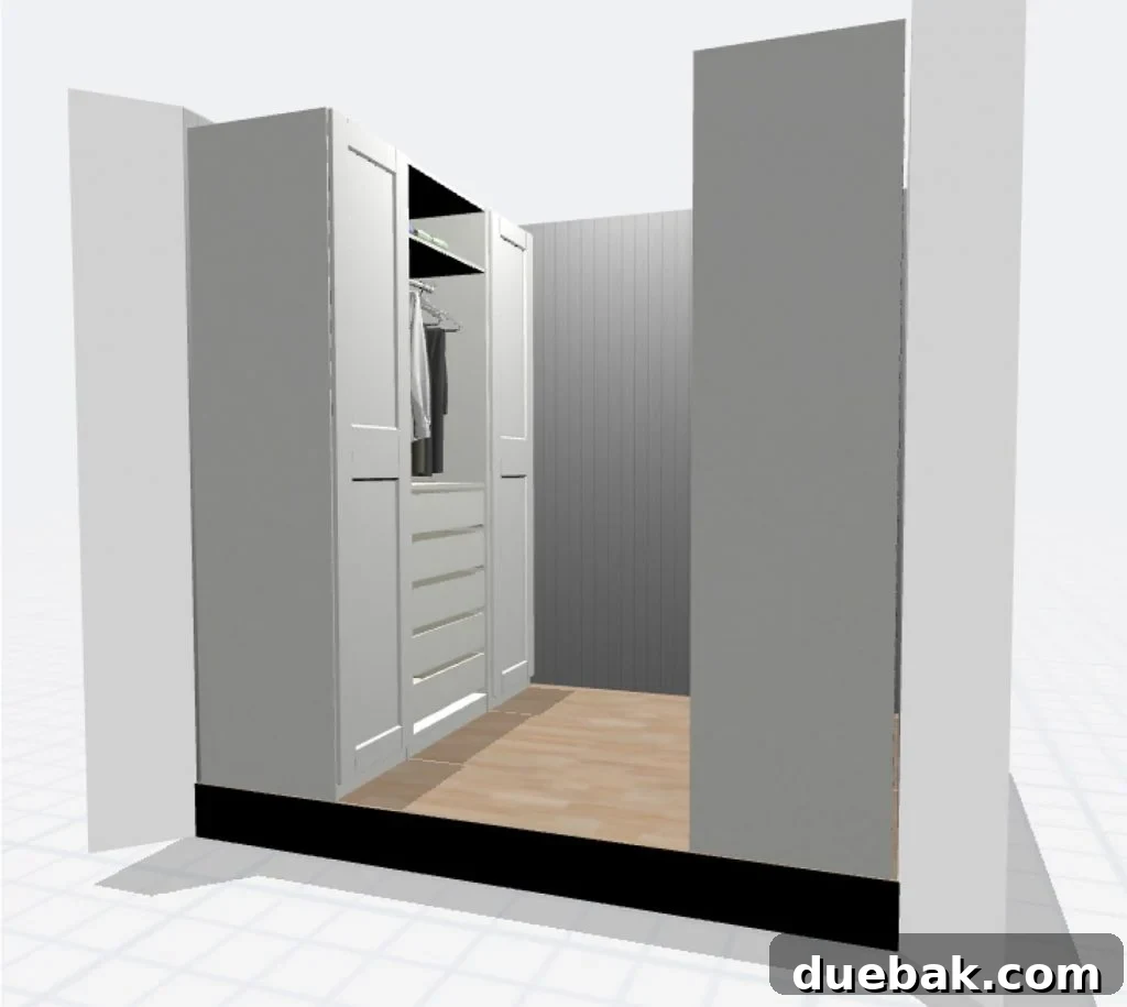 3D rendering of the planned IKEA Pax wardrobe system, showing a central open section flanked by two closed units.