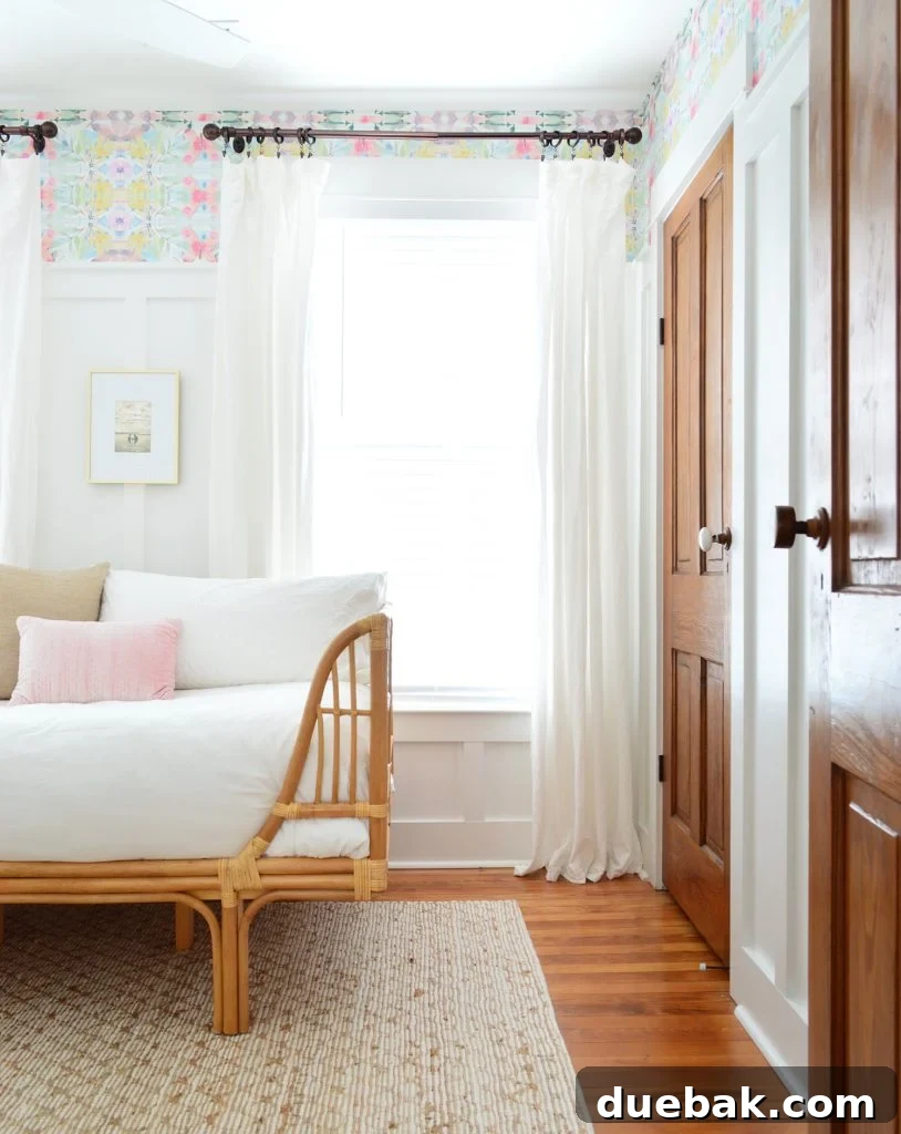 Bedroom With Wood Doors And Peel And Stick Wallpaper With Rattan Daybed