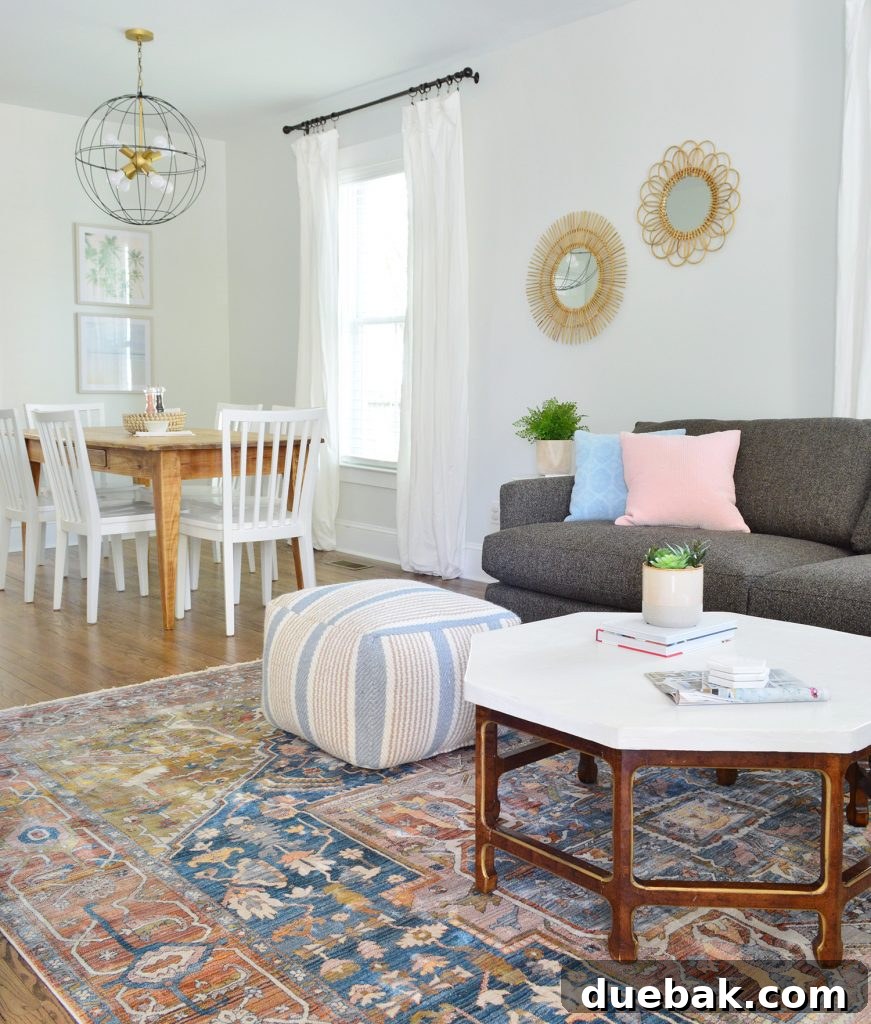 Neutral Traditional Rug With Crate And Barrel Sofa And Pouf With Dining In Background