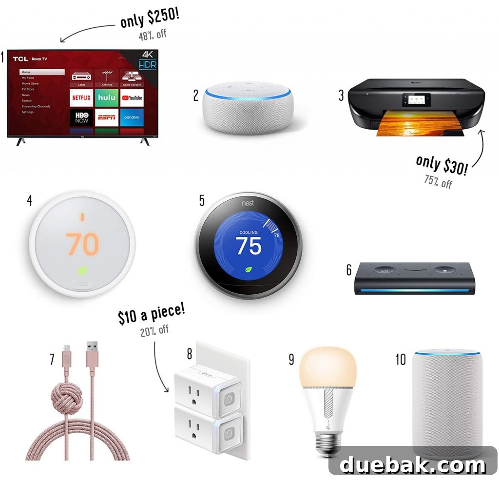 A curated collection of smart home devices, including a smart TV, voice assistants, and thermostats, showcasing modern technology for an enhanced lifestyle.