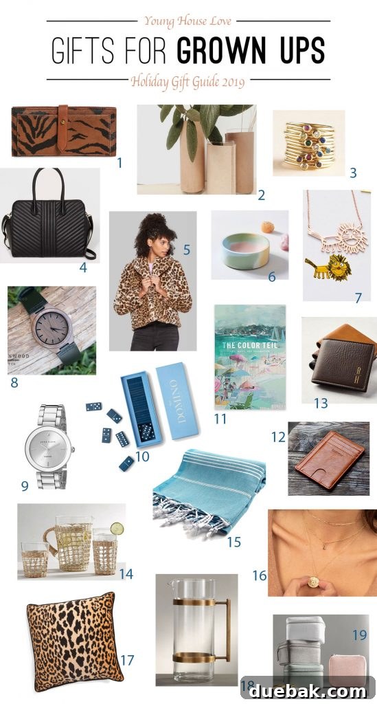 Selection of sophisticated gift ideas for adults, including jewelry, a wallet, and decorative items