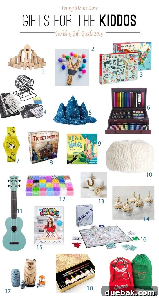 Selection of engaging gift ideas for kids, including a ukulele, puzzles, and creative play items