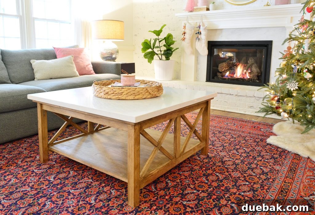 Brew Your Own Coffee Table 12 The newly completed square coffee table with a gleaming quartz top and a rich wooden base, perfectly complementing the living room decor.