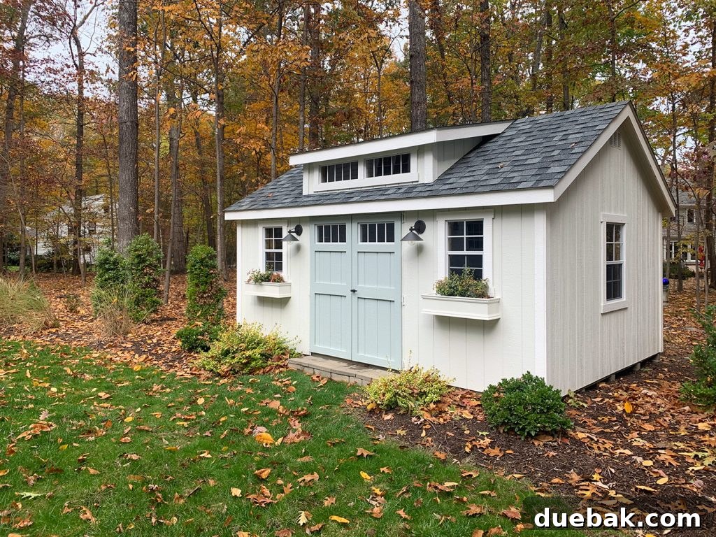 Shed Makeover: Paint and Window Boxes 14 An inviting view of the backyard, featuring the well-maintained white shed, lush lawn, and surrounding trees.