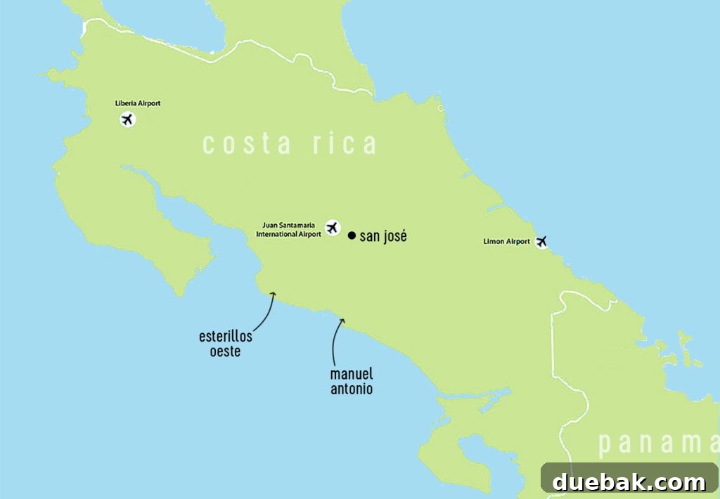 Wild Wonders: Costa Rica Family Fun 5 Costa Rica Map With Esterillos Oeste and Manuel Antonio labeled