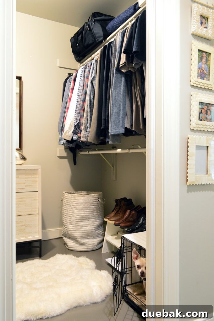 A 'before' photo showing a wooden inlay dresser, Burger's crate, and other items cluttering the closet floor.