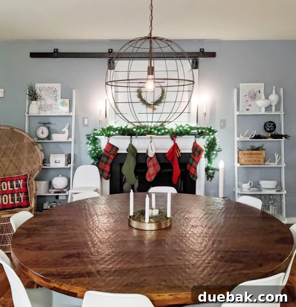 Major Duplex Updates 8 A festive holiday party scene, featuring the original large round dining table in a new home.