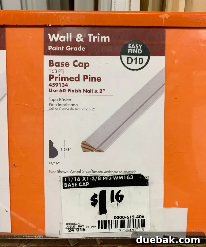 Elevate Your Walls with Decorative Molding 4 Close-up of Base Cap Molding Sign at Home Depot for DIY Trim Project