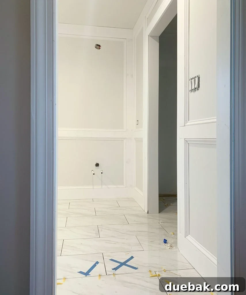Elevate Your Walls with Decorative Molding 7 Unpainted DIY Decorative Wall Molding in Bathroom Before Caulking and Painting