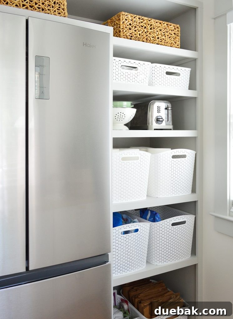 Pantry shelves with two bins per shelf, demonstrating optimized depth