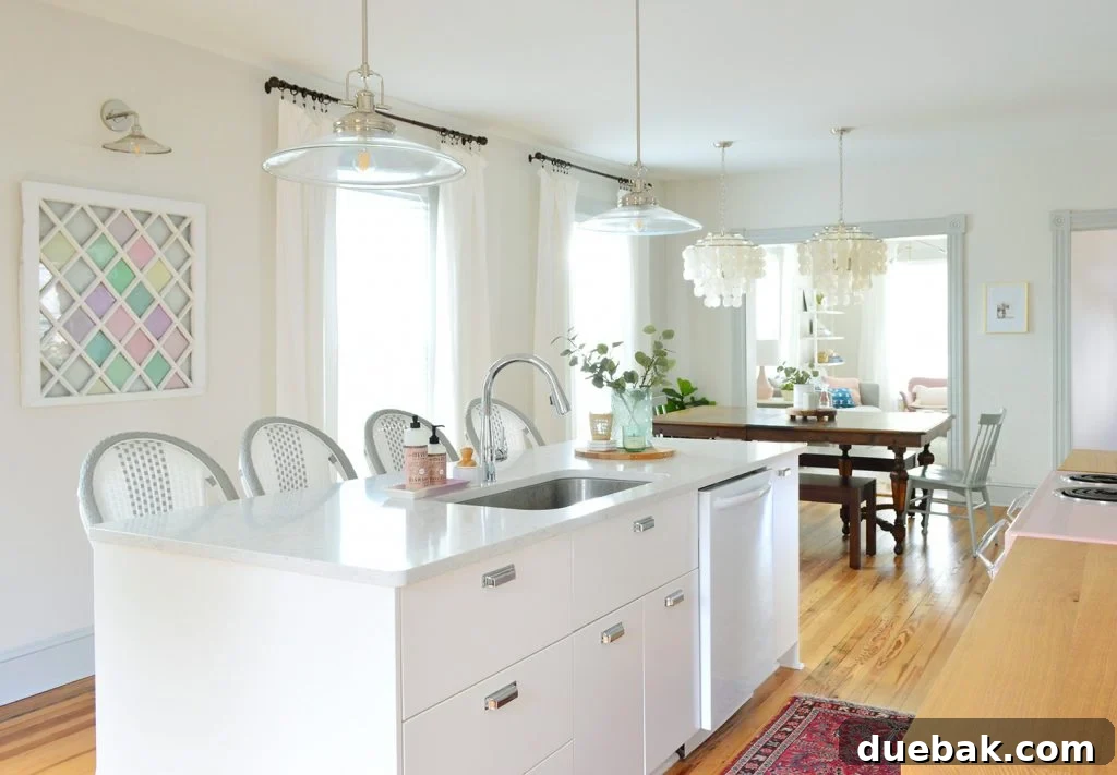 Stylized photo of the beach house kitchen, showcasing its organized charm
