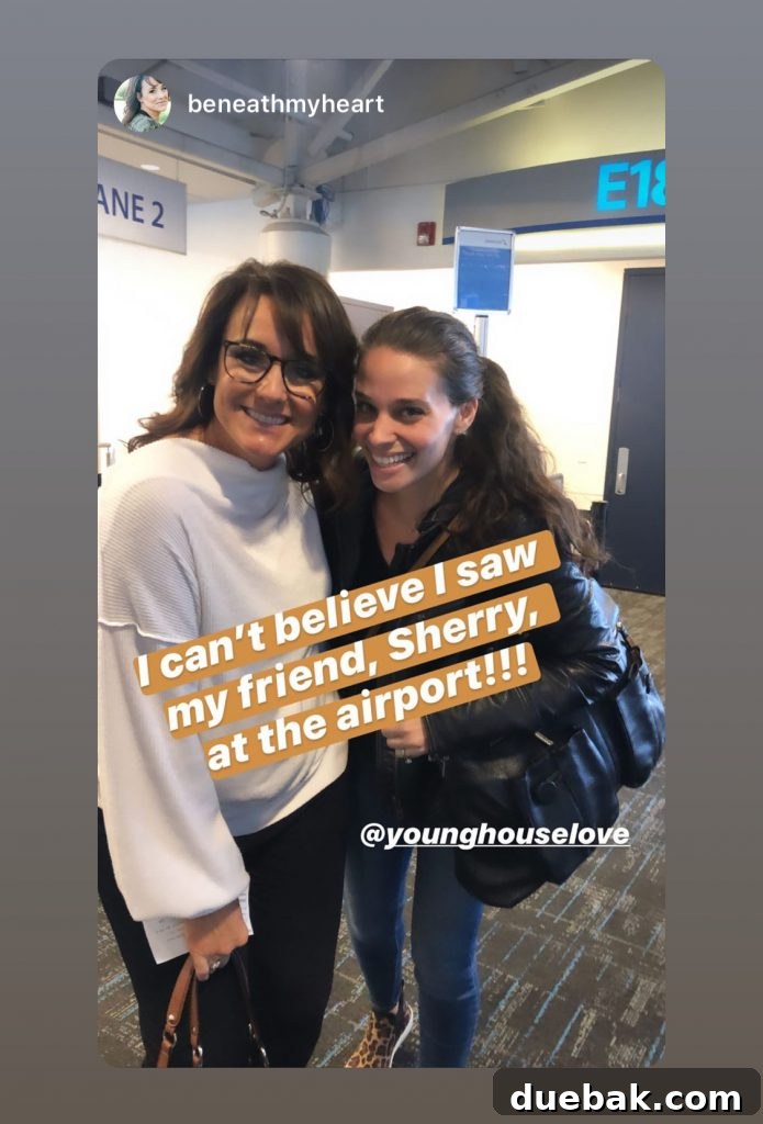 A smiling couple (Sherry and John) with their friend Traci in an airport, capturing a serendipitous reunion during travel.