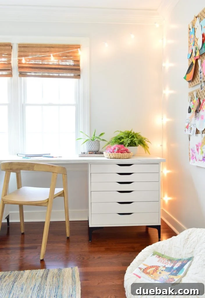Ikea Alex File Drawer On Legs Used To Create Kids Art Desk With String Lights