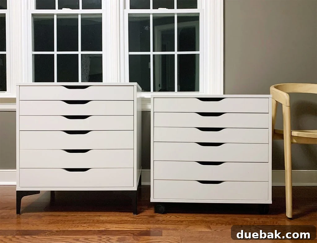 Ikea ALEX Drawer Units Side By Side With One Resting On Modern Black Legs