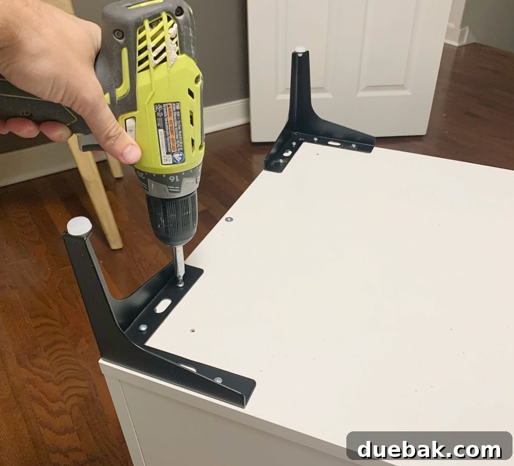 Screwing Mid Century Modern Metal Legs Onto Bottom Of Ikea Alex File Drawer