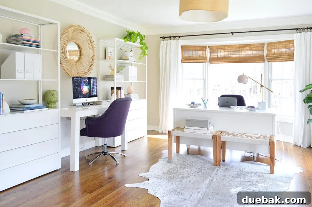 Our Florida Renovation Kicks Off With A Watery Welcome 3 Modern office with Ikea Fjalkinge shelves and two desks with Edgecomb Gray walls, illustrating an organized home office space