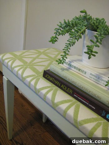 The final, beautifully transformed bench showcasing its new paint and upholstery in a stylish setting.