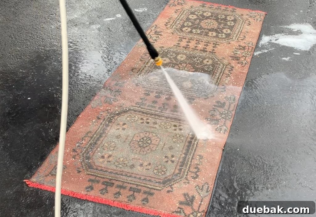 Revitalize Your Rug with a Pressure Washer 7 Rinsing a vintage rug with a power washer