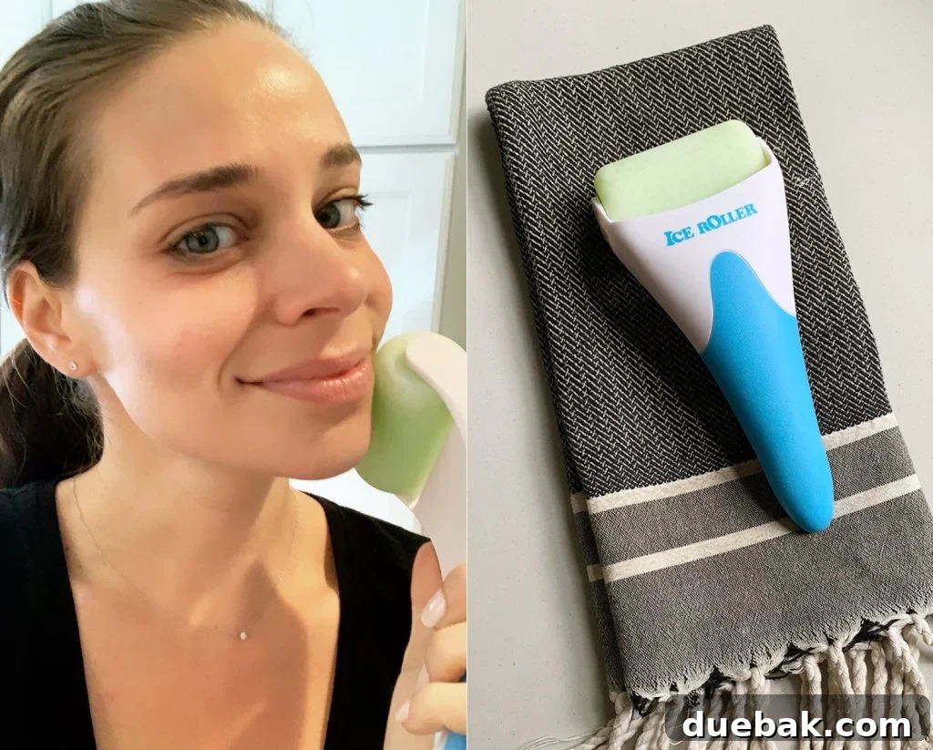 Woman's face applying an ice roller with a focused expression, demonstrating a beauty routine.