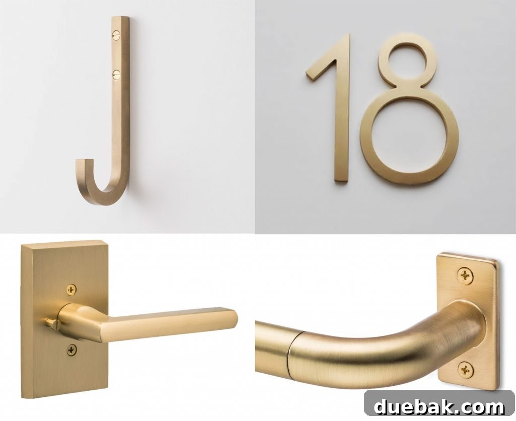 Our Petite Beach House: Maximizing Coastal Charm 11 A collage of brass hardware and decor items: a wall hook, house numbers, door levers, and a curved curtain rod, showcasing a consistent brass aesthetic.
