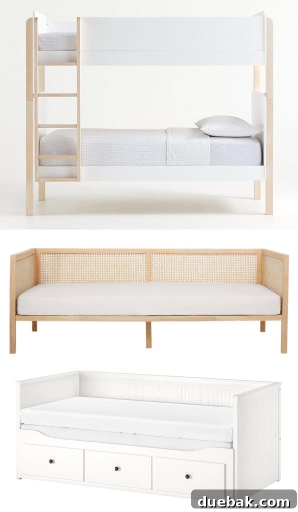 Our Petite Beach House: Maximizing Coastal Charm 13 A collage of three children's bed options: a natural wood daybed, a white trundle bed with drawers, and a two-toned bunk bed, all designed for space efficiency.