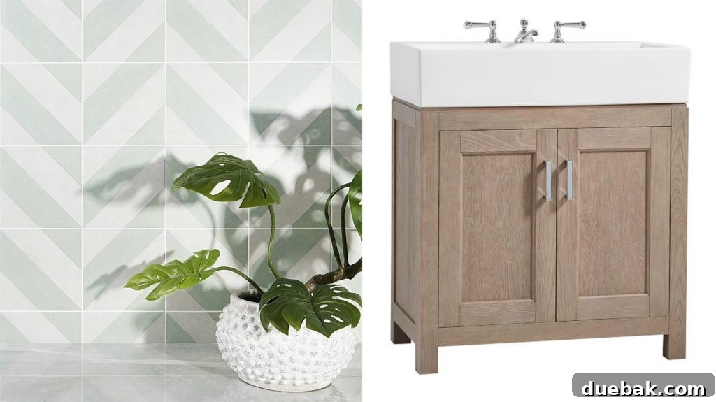 Our Petite Beach House: Maximizing Coastal Charm 14 A mood board for a bathroom renovation, featuring a patterned porcelain floor tile and a light wood vanity with a thick white sink.