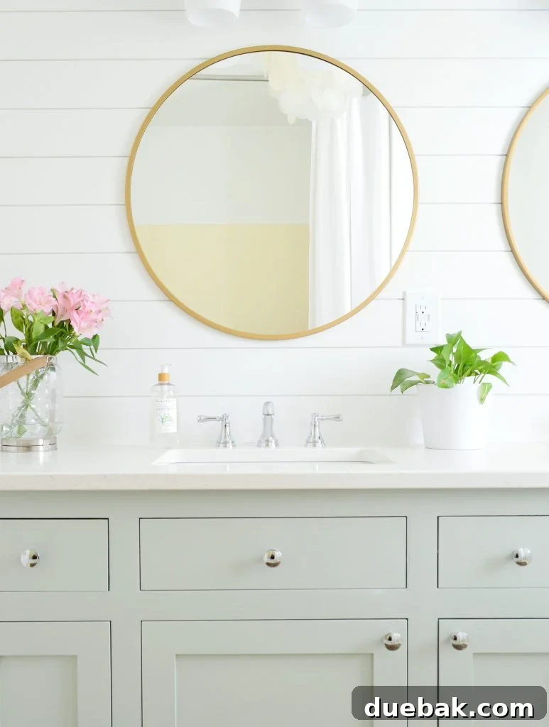 Our Petite Beach House: Maximizing Coastal Charm 7 A bathroom vanity painted in SW Contented, a muted green-gray, with brass hardware, hinting at potential kitchen cabinet colors.