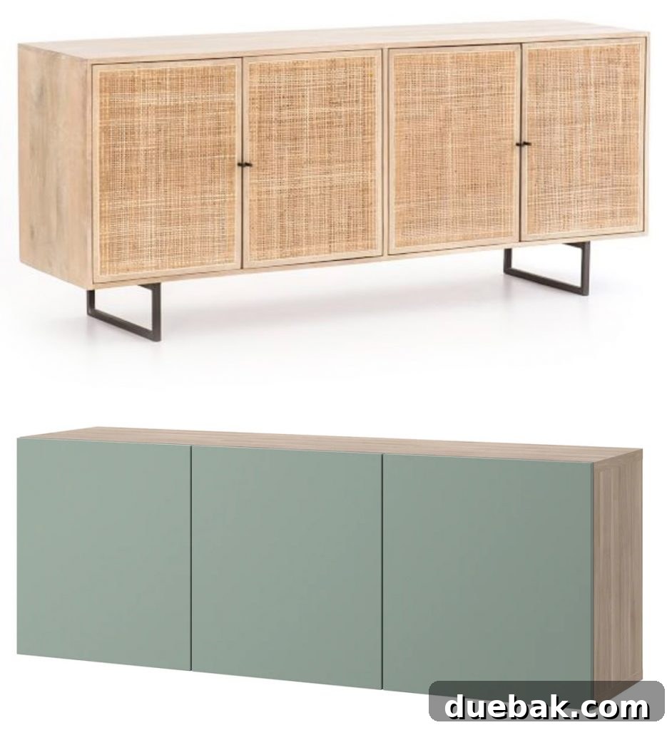 Our Petite Beach House: Maximizing Coastal Charm 9 Two options for a light, beachy, and functional TV/media cabinet, featuring woven textures and minimalist design.