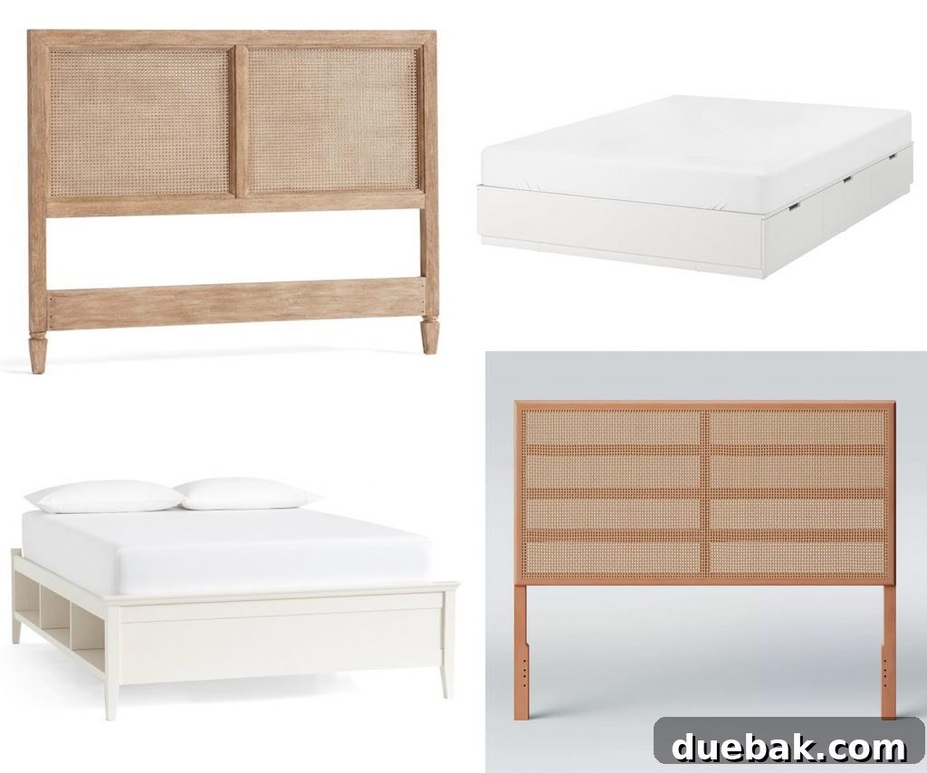 Our Petite Beach House: Maximizing Coastal Charm 10 A collage of four different bed options, featuring light wood frames, woven textures, and integrated storage solutions, suitable for a beach-inspired bedroom.