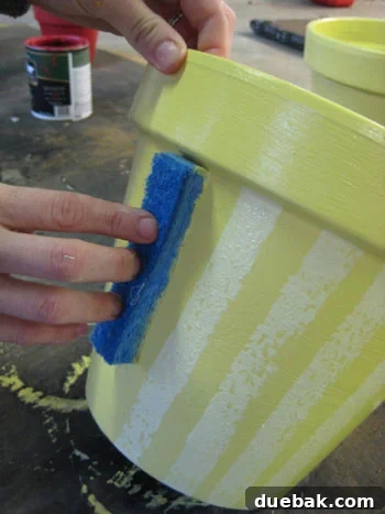 img_2814 sponging striped paint pattern to terra cotta pot