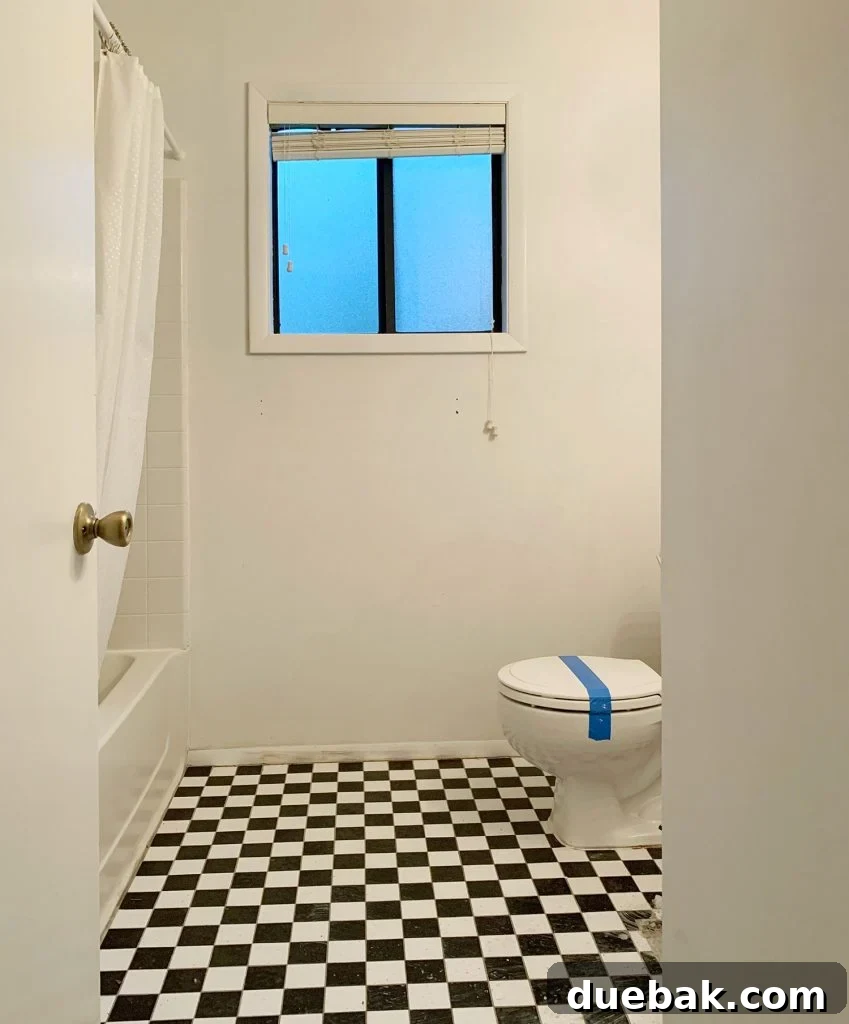Interior of the non-functional bathroom, showing missing vanity.