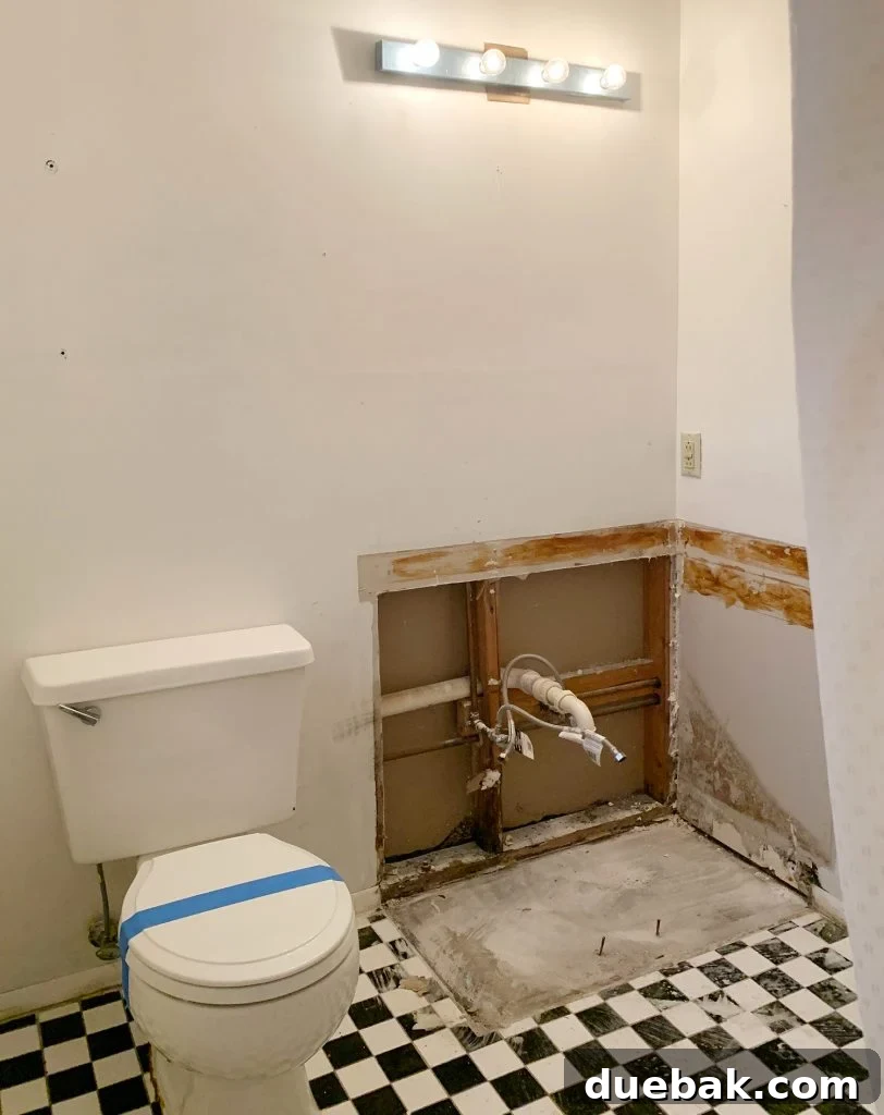 The bathroom tub with a loose sink inside, highlighting the disarray.