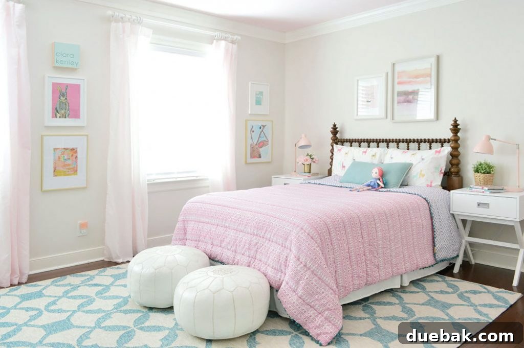 Bright and colorful girl's bedroom with a cozy bed, playful decor, and ample space for creativity, staged for sale in Richmond.