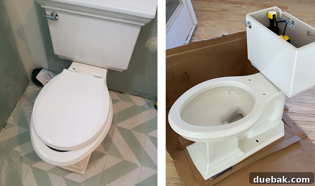 The Money Question That Never Goes Away 4 Two images side-by-side showcasing the toilet drama: on the left, an incorrect toilet seat on an elongated bowl; on the right, the installed toilet bowl showing an off-white color.