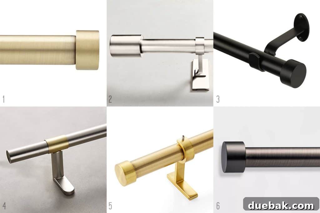A curated selection of modern curtain rods with minimal finials in various finishes, numbered for easy reference.