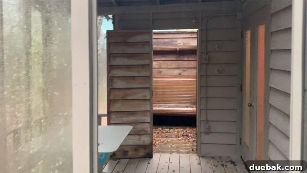 Screengrab from a before video tour, showing the old screened porch area next to the outdoor shower.