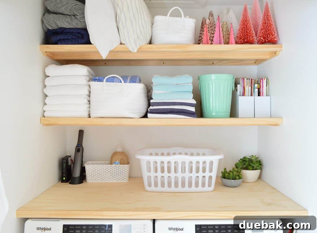 Light wood laundry shelves made from plywood organized with laundry storage