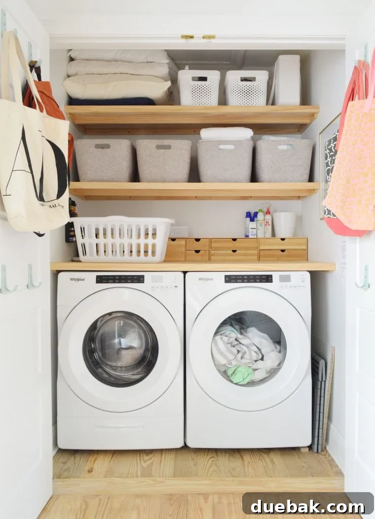 Laundry Closet With Blonde Wood DIY Storage Shelving