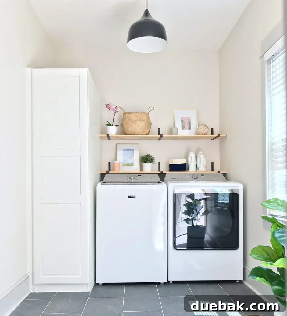 Modern farmhouse laundry room with two floating shelves using metal brackets and wood