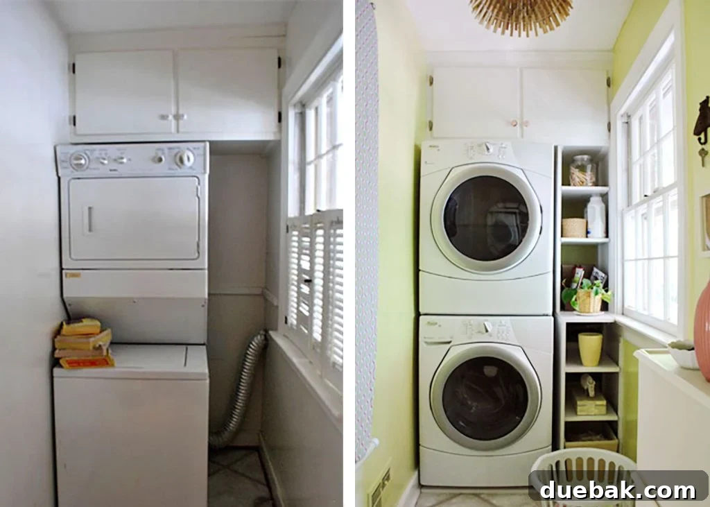 Before and after of laundry makeover with narrow shelves built into niche