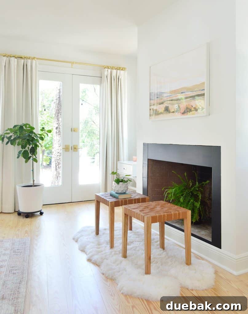 Bedroom Refresh: What's New and What's Next 19 Fireplace with a fern and plant on a wheeled stand, showcasing the current temporary decor