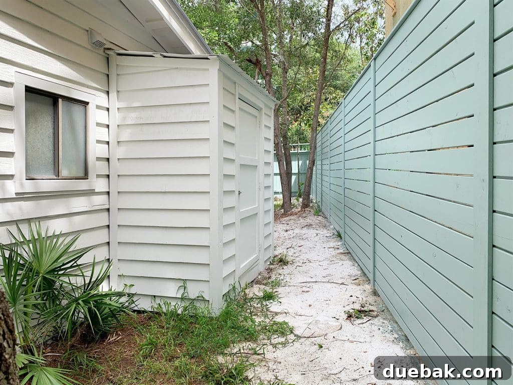 New Halcyon Green fence with a peek at an outdoor shed