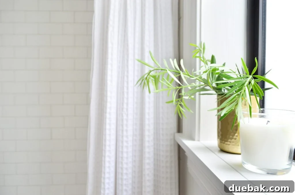 Our Single Bathroom Transformation: Before and After 13 A frosted window in the bathroom, with a plant and candle on the deep sill, and a shower curtain.
